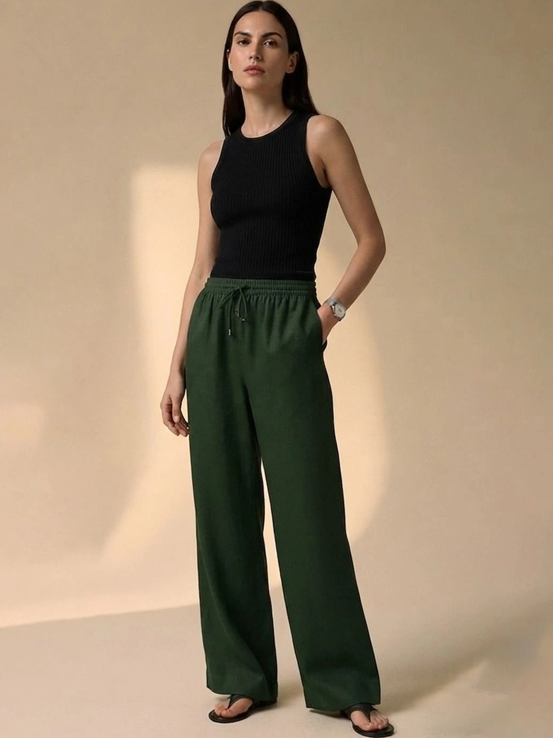 Kotty Women Solid Linen Blend Casual Drawstring Palazzo Pants