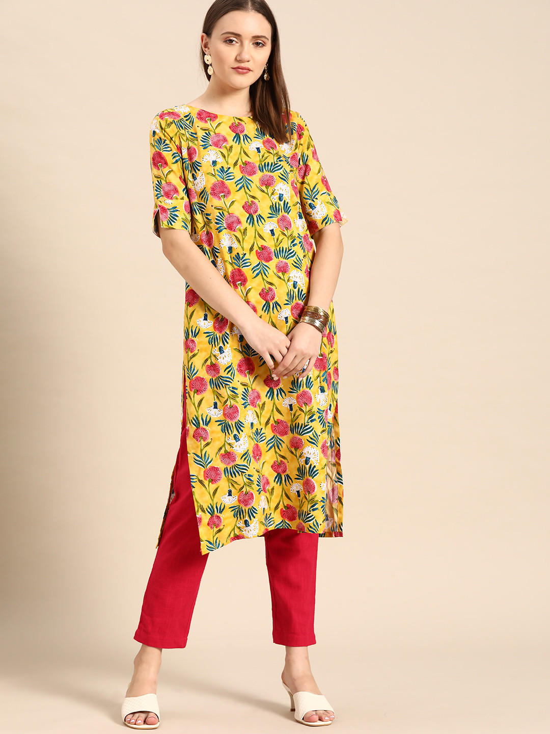 Anouk Women Yellow & Pink Ethnic Motifs Print Straight Kurta