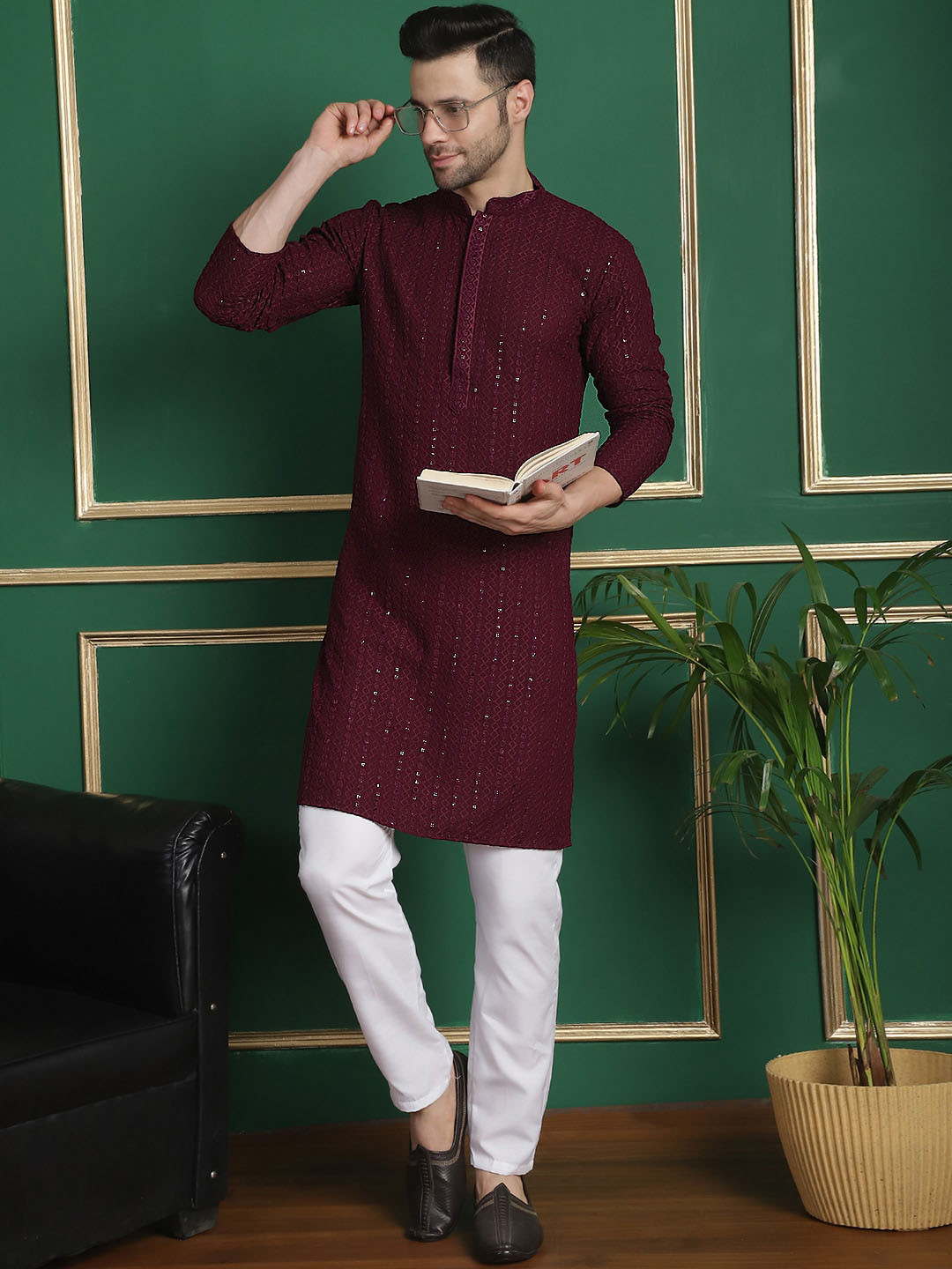 Anouk Embroidered Regular Sequinned Fusion Kurta With Pyjamas