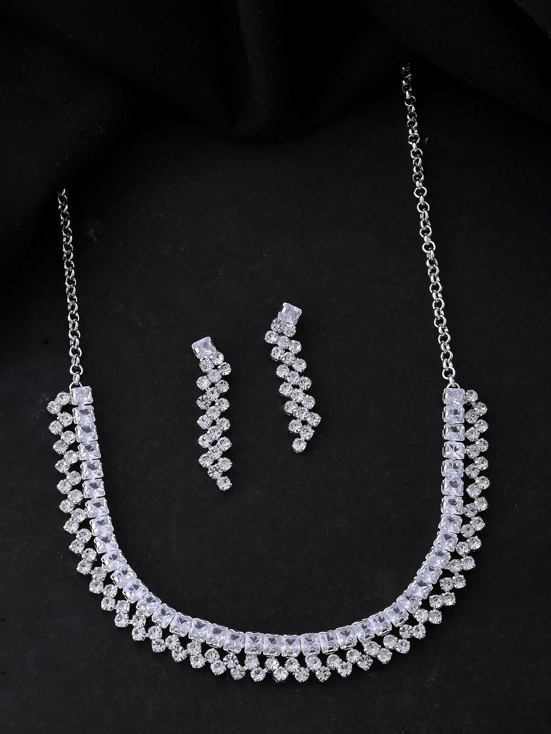 Silver Plated CZ And Artifical Stones Studded Necklace Set