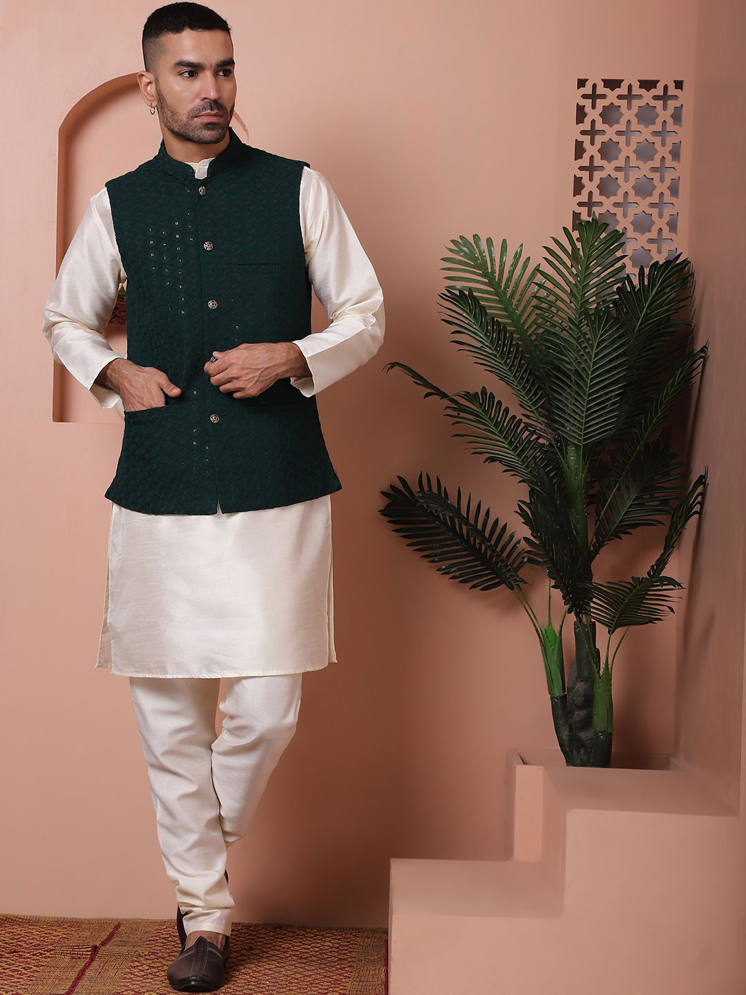 Anouk Olive Embroidered Regular Mandarin Collar Straight Kurta with Pyjamas &Nehru Jacket