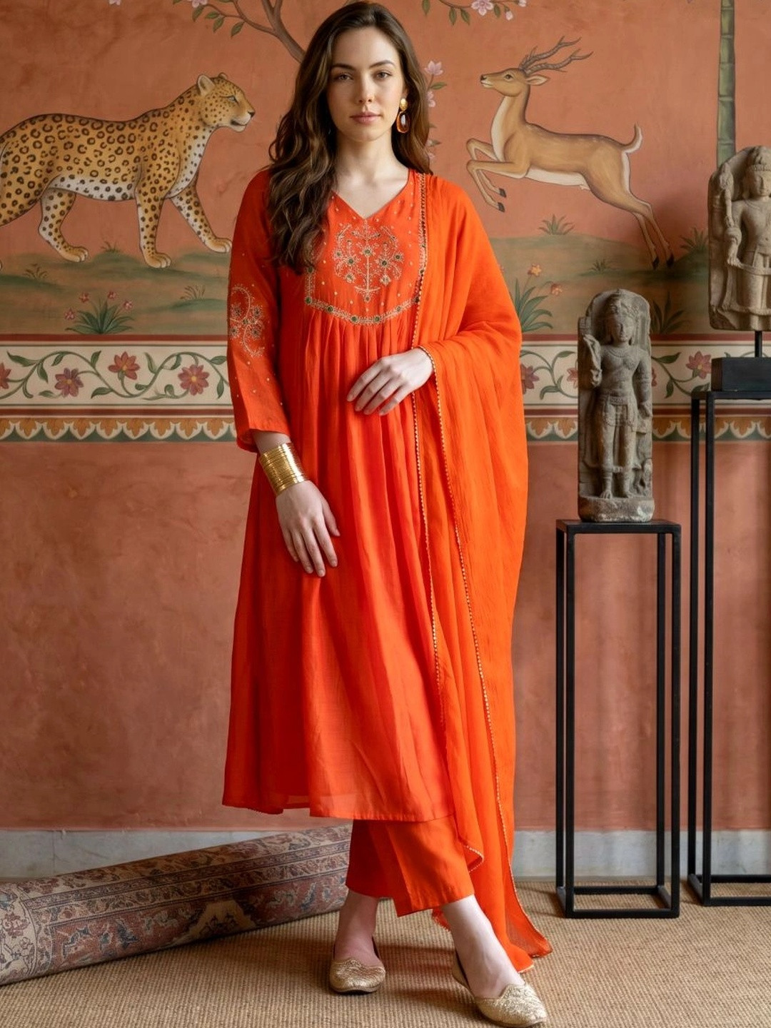 Sangria Women Ethnic Motifs Embroidered Empire Thread Work Kurta with Trousers & With Dupatta