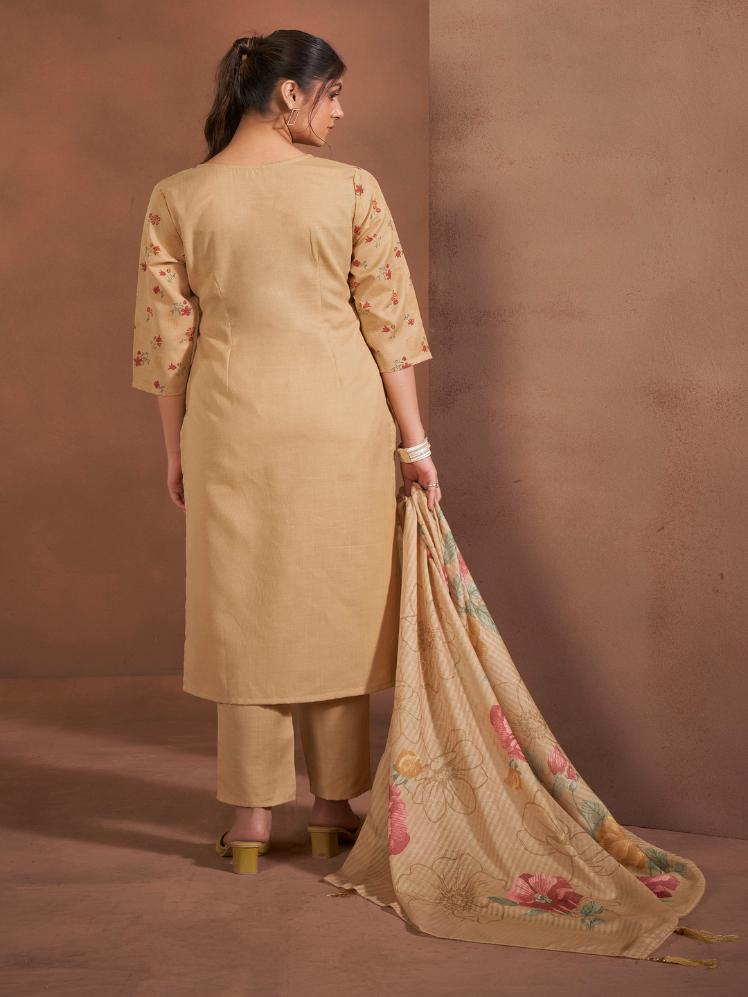 Anouk Floral Printed Patch Work Straight Kurta With Trouser And Dupatta