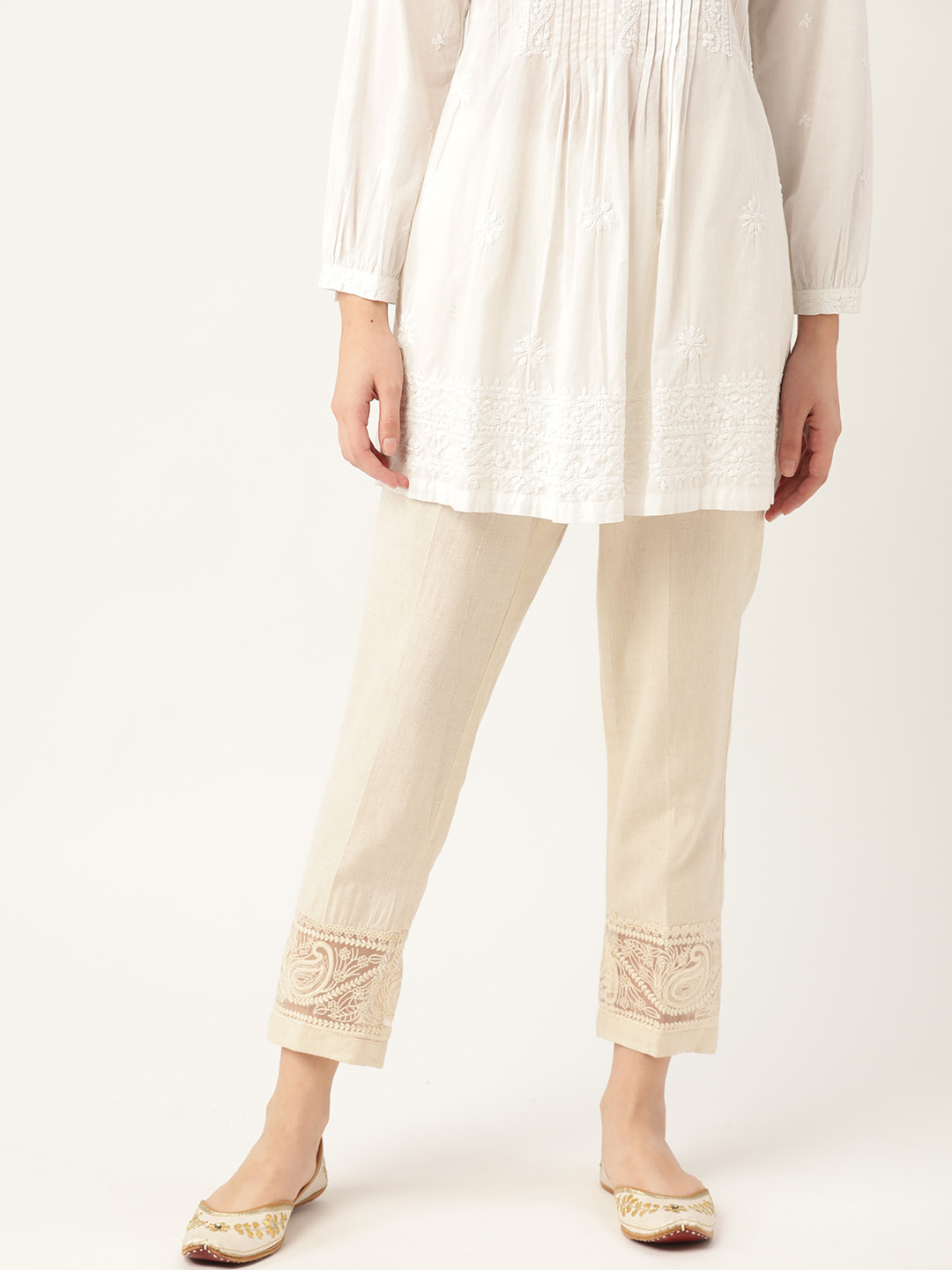 Anouk Women Off White Cropped Cigarette Trousers with Lace Detail