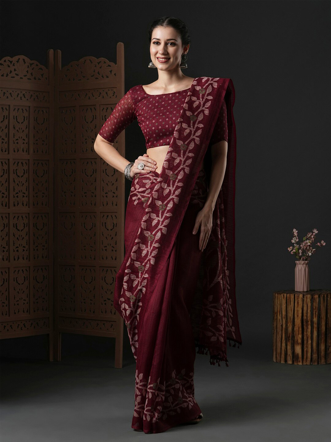 Anouk Burgundy Floral Printed Saree