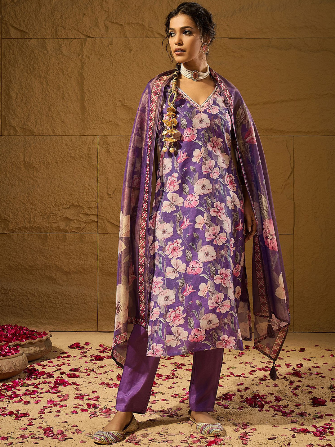 Anouk Purple Floral Printed V-Neck Thread Work Straight Kurta With Trousers & Dupatta