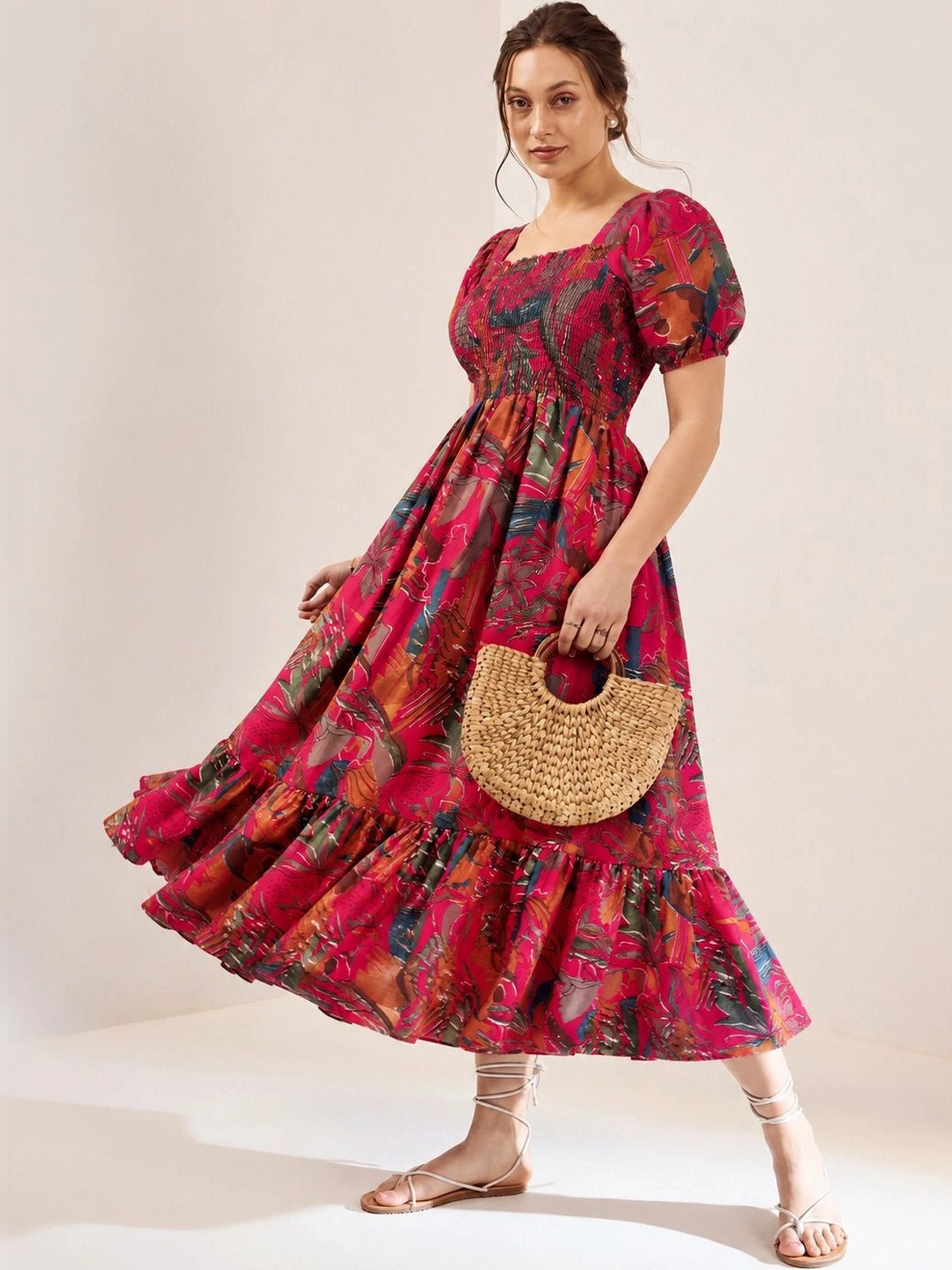 Pink Tropical Floral Puff Sleeve Maxi Dress