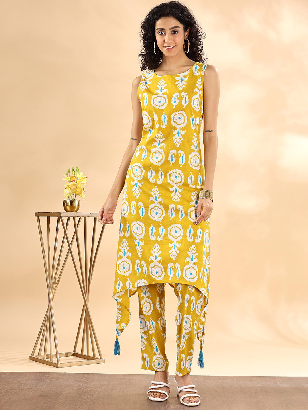 Anouk Ethnic Motif Printed Boat Neck Pure Cotton Tunic With Trouser