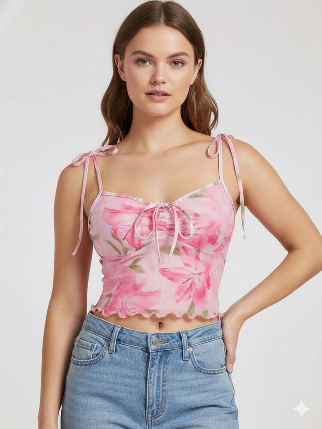 PATTZALA Women Pink Floral Printed Tie-Up Crop Top | Stylish Sleeveless Summer Top