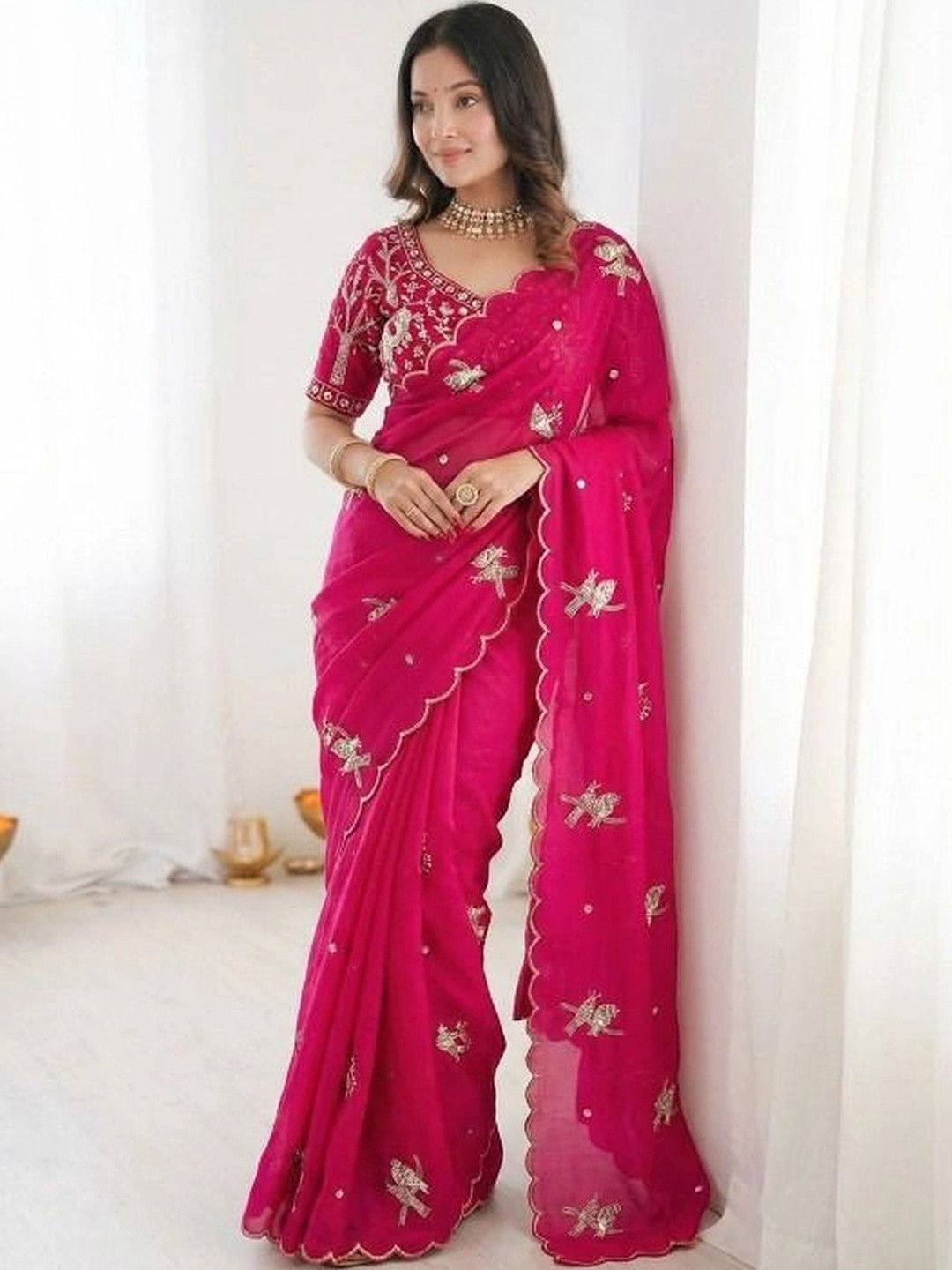HK TEX Embroidered Satin Saree