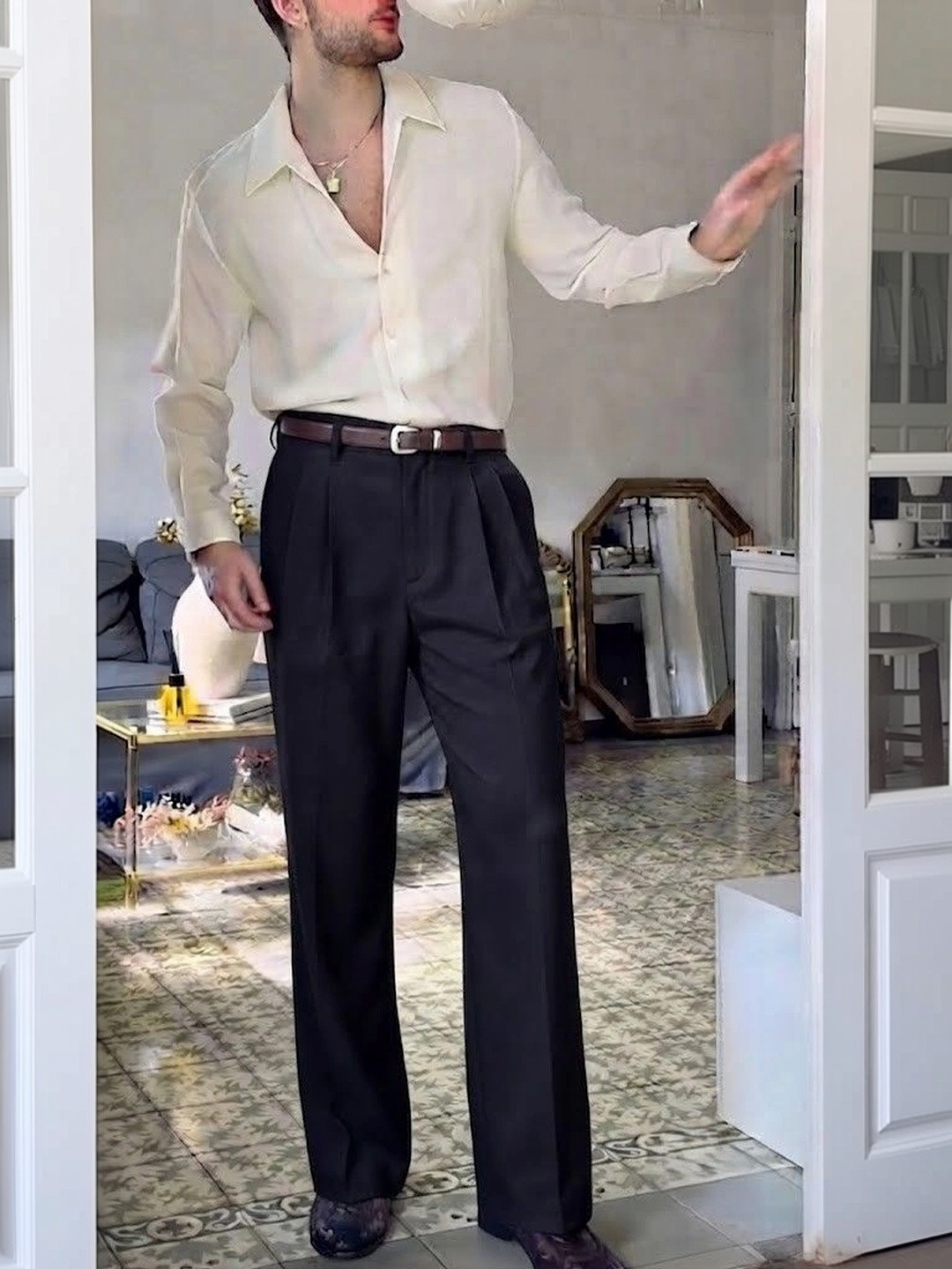 WOOMNY Men Relaxed Straight Leg Easy Wash Pleated Trousers
