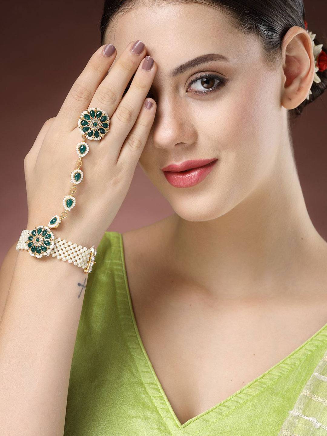 Anouk Women Brass Pearls Handcrafted Gold-Plated Ring Bracelet