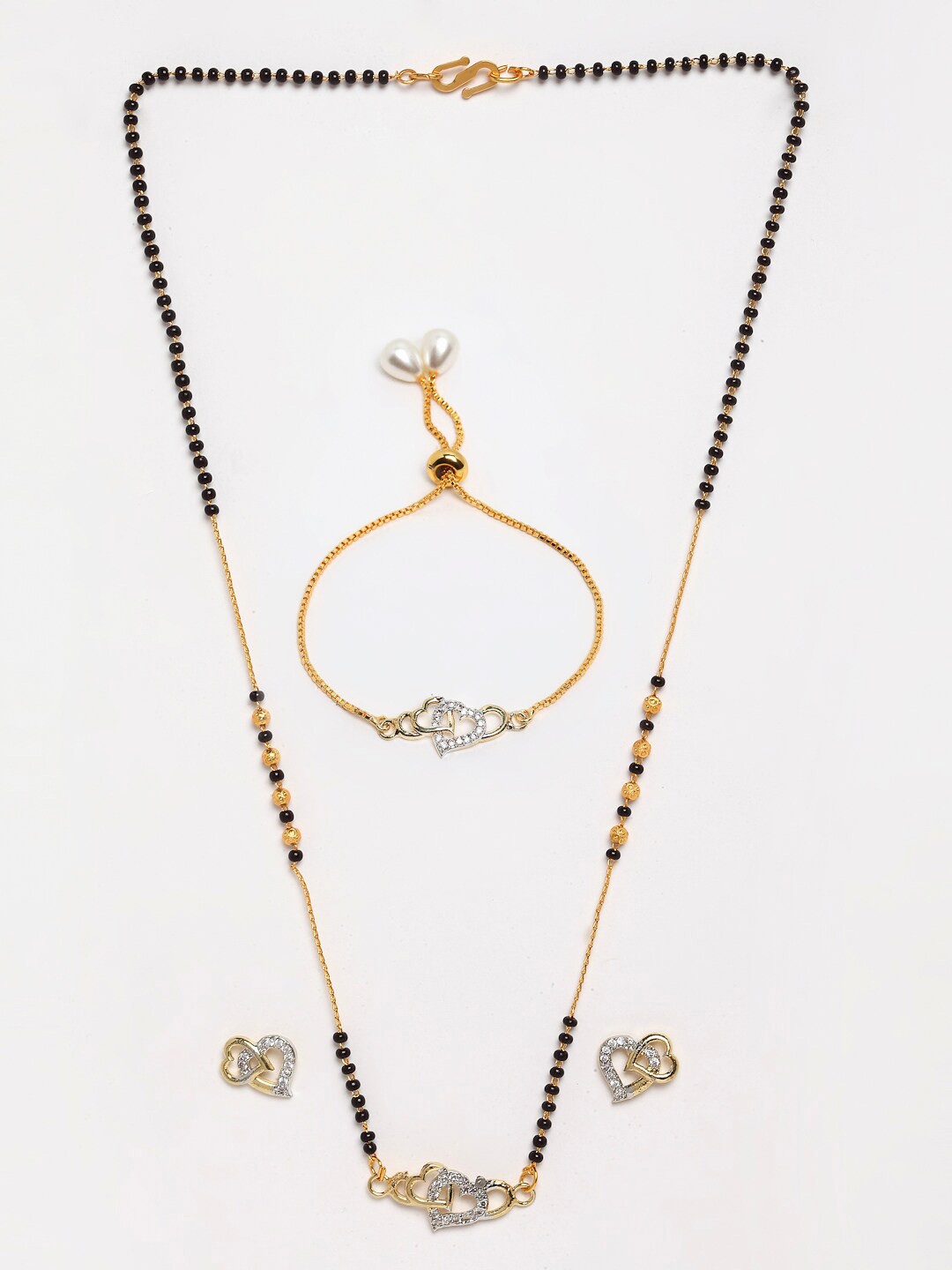 Anouk Gold-Plated White AD-Studded Beaded Heart Shaped Mangalsutra Set
