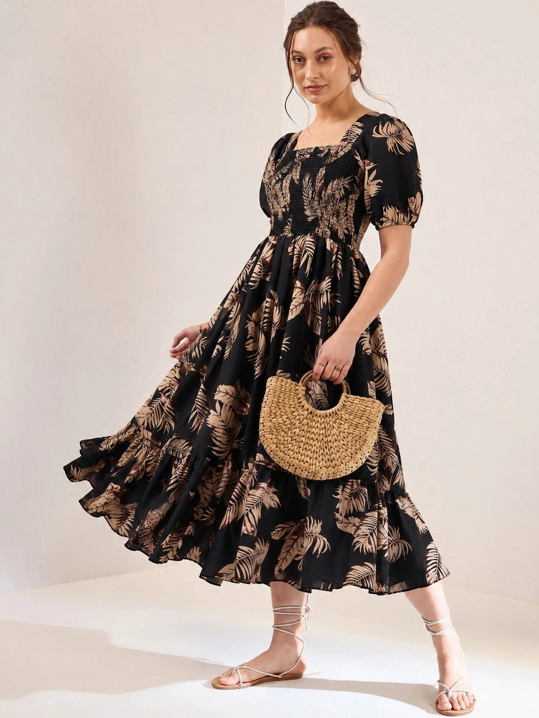 Black Tropical Print Puff Sleeve Midi Dress