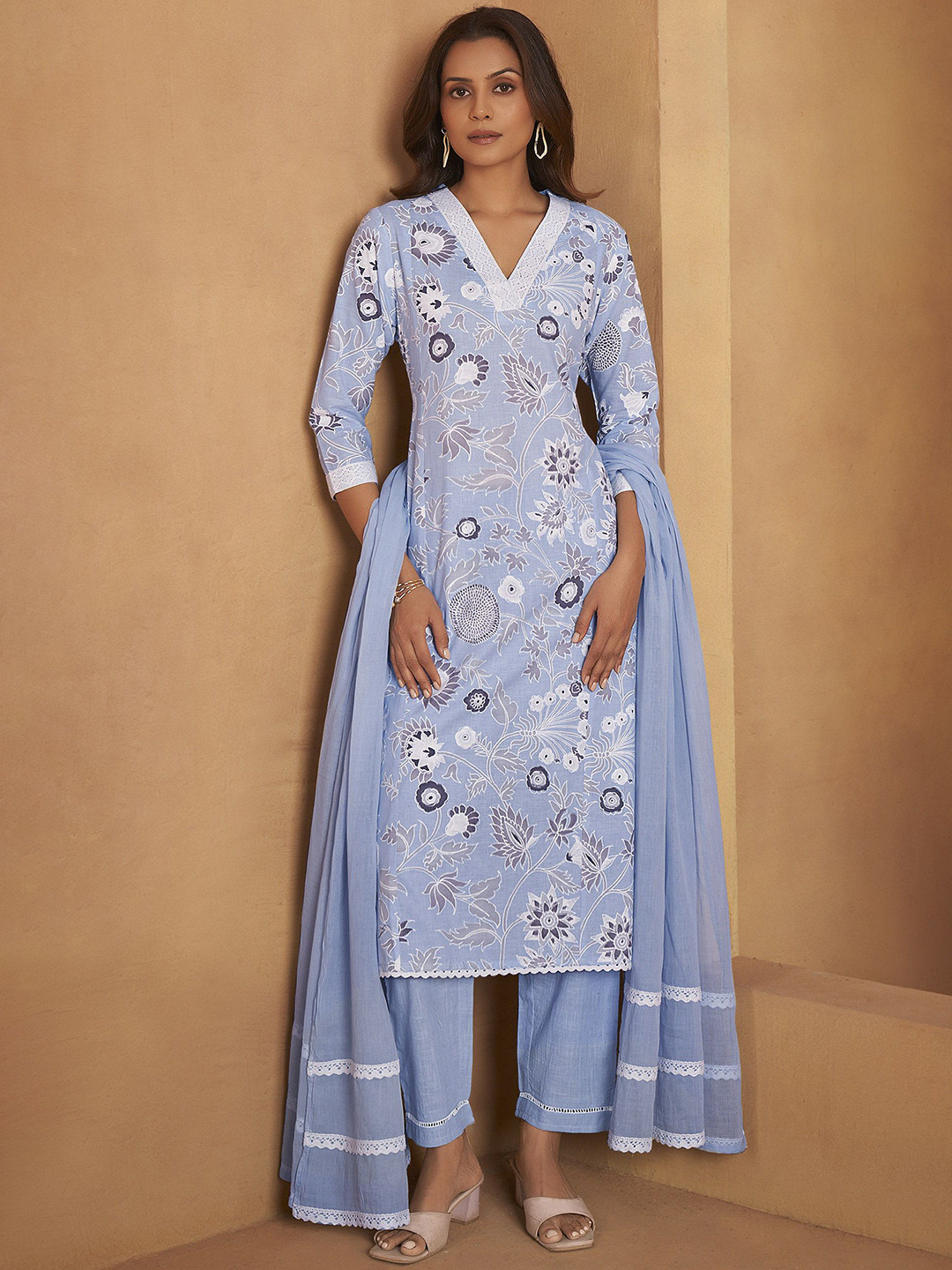 Anouk Floral Printed V Neck Pure Cotton Straight Kurta With Trousers & Dupatta