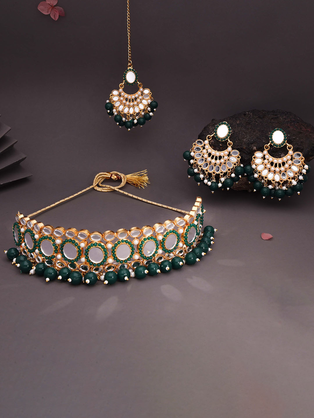 Anouk Gold Plated Choker with Drop Earrings & Maang Tikka Mirror Jewelry Set