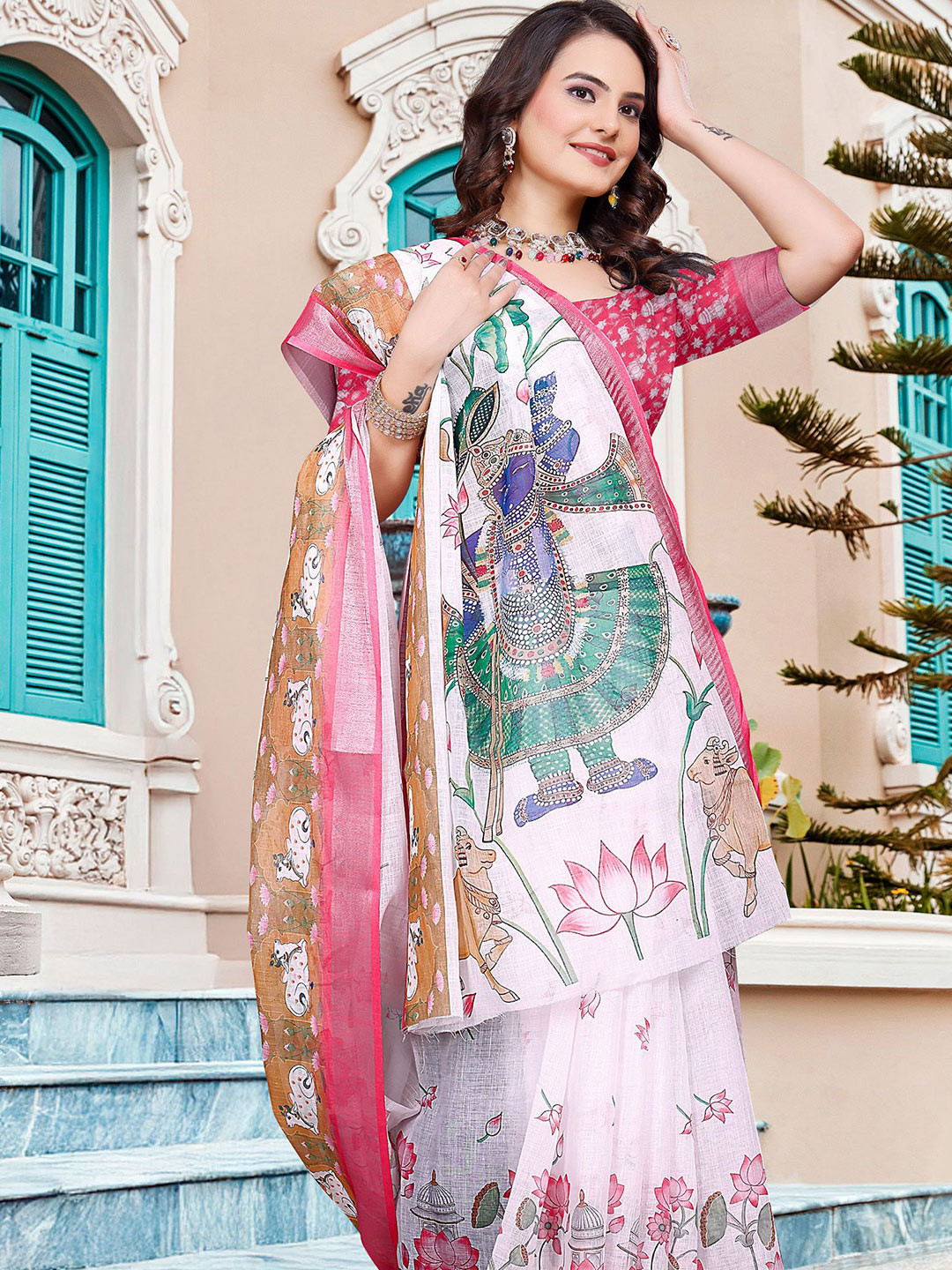 Anouk Floral Linen Blend Saree