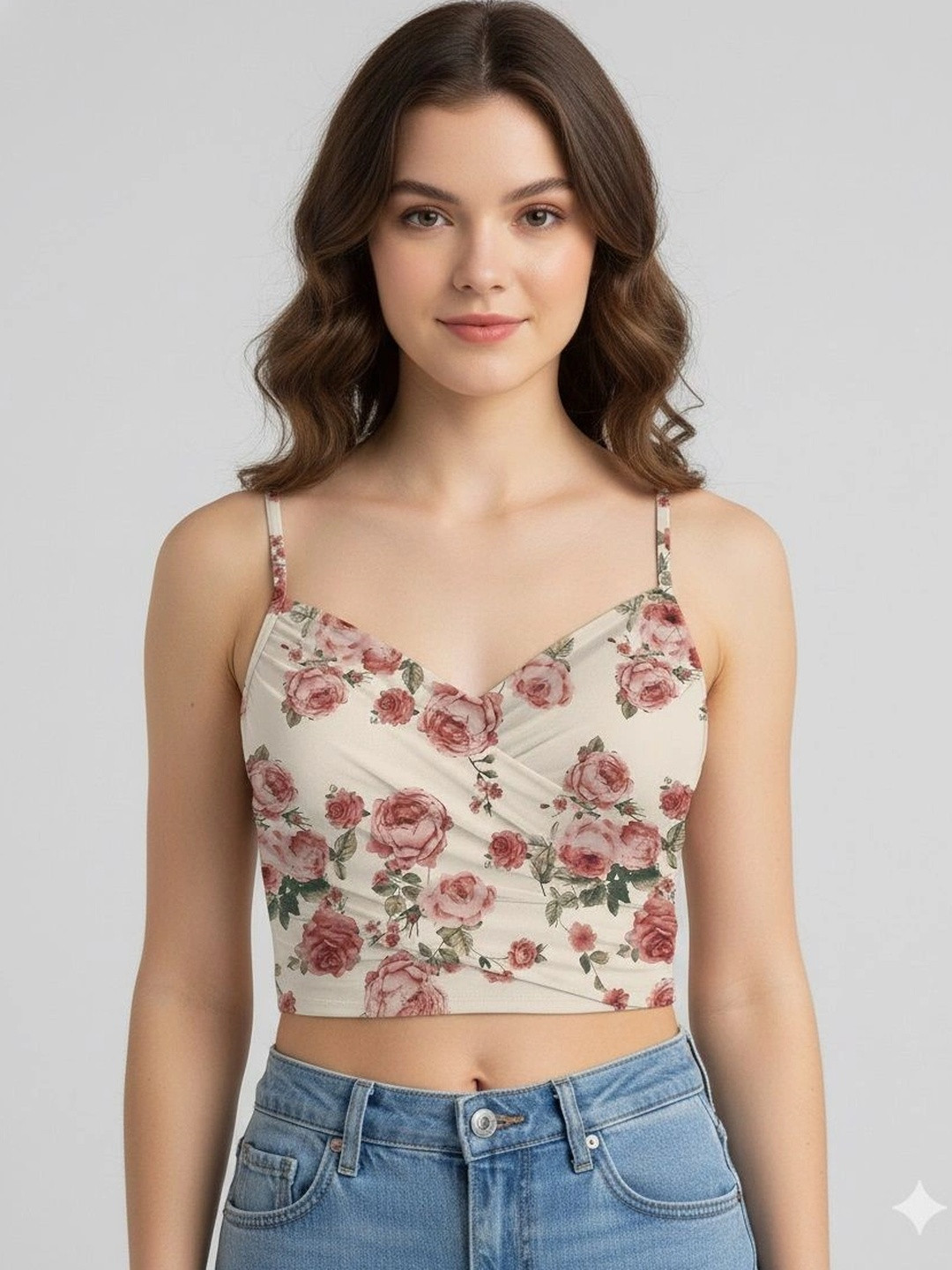 PATTZALA Women's Floral Print Ruched Spaghetti Strap Stylish Crop Top