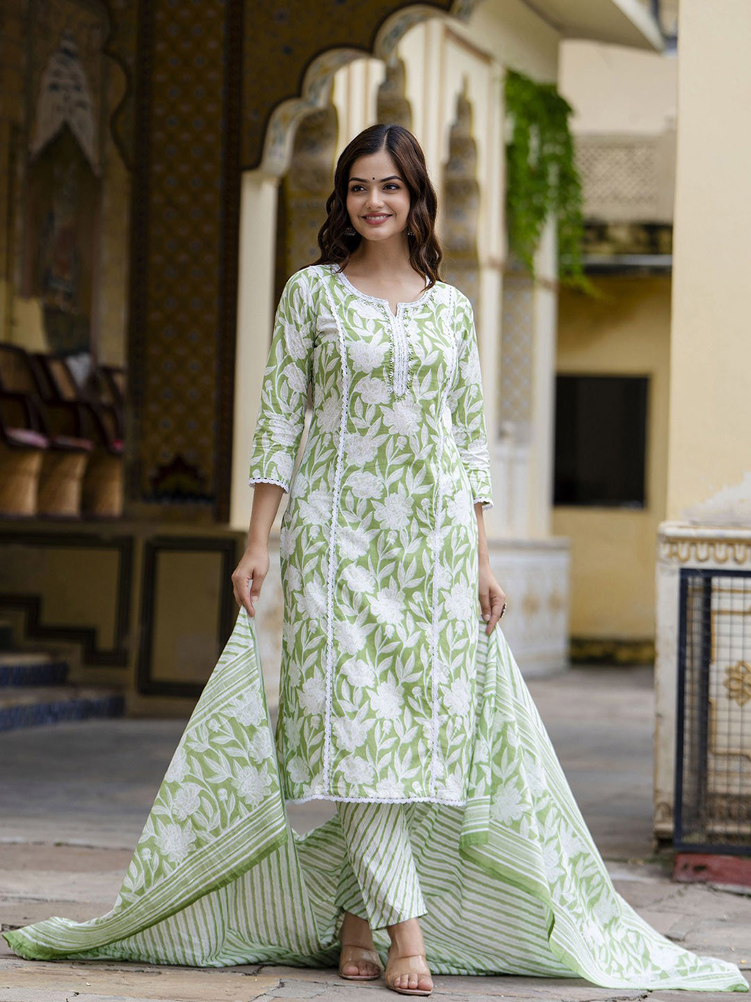 Anouk Floral Embroidered Regular Pure Cotton Straight Kurta with Trouser & Dupatta