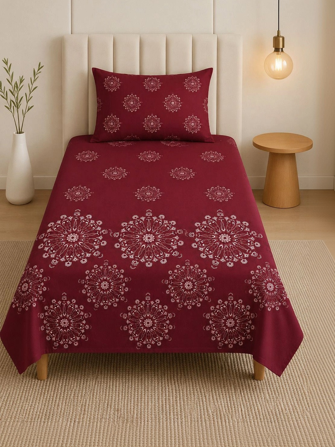 TINDLER KNOTS Maroon 144 TC Single Bedsheet with 1 Pillow Covers