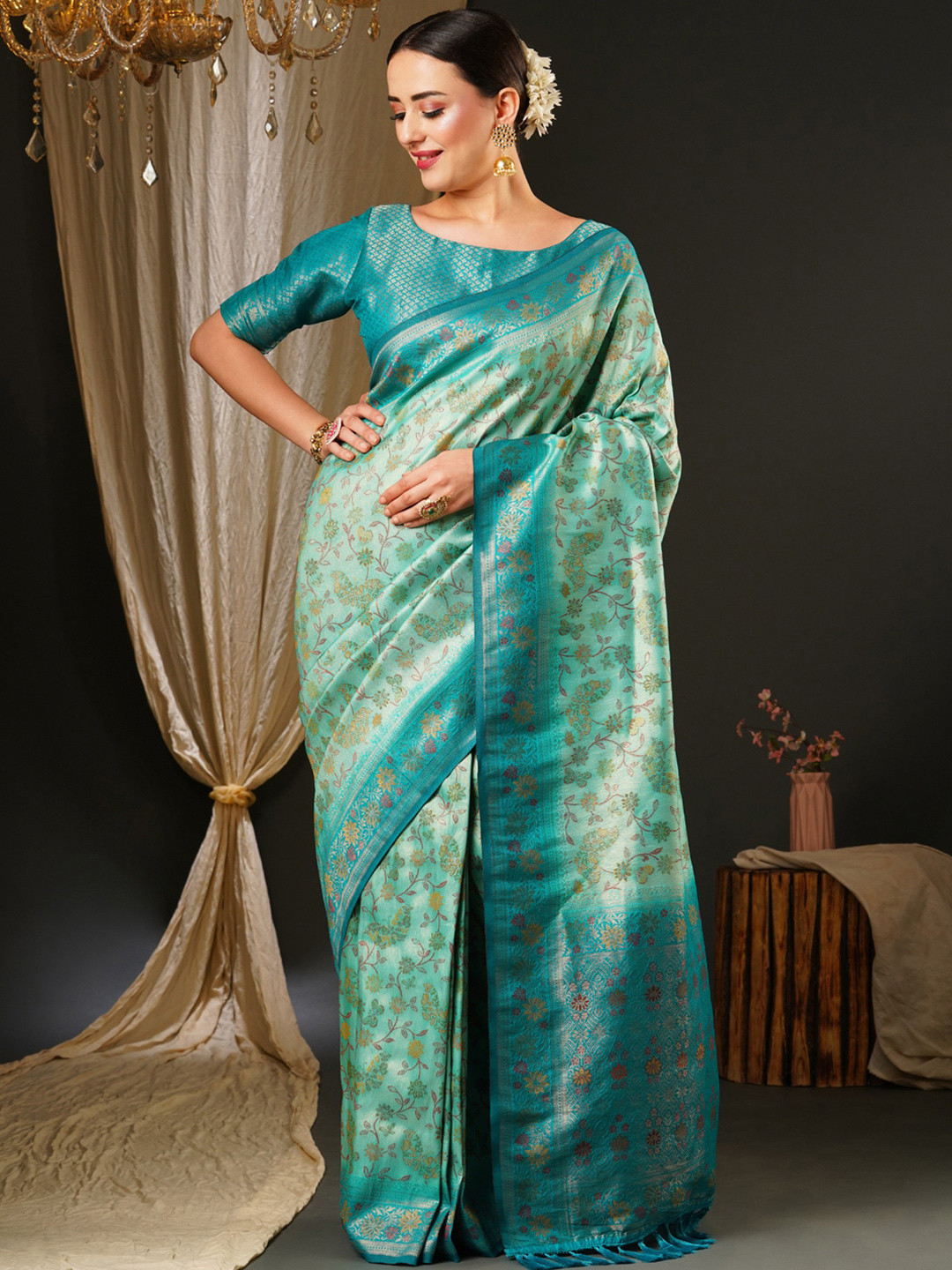 Anouk Blue & Green Ethnic Motifs Woven Design Zari Kanjeevaram Saree