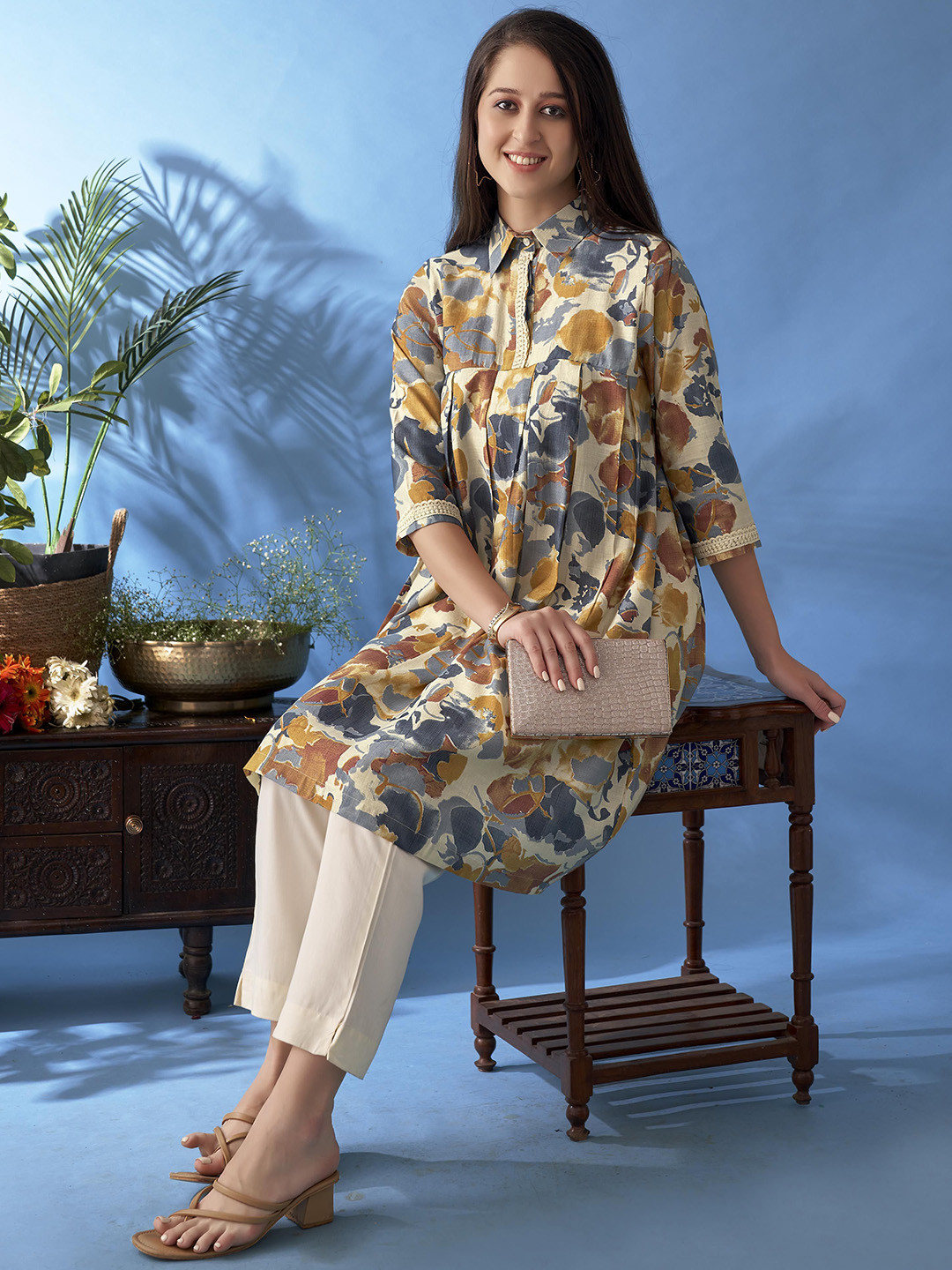 Anouk Cream Floral Printed Shirt Collar Chanderi Silk A-Line Kurta