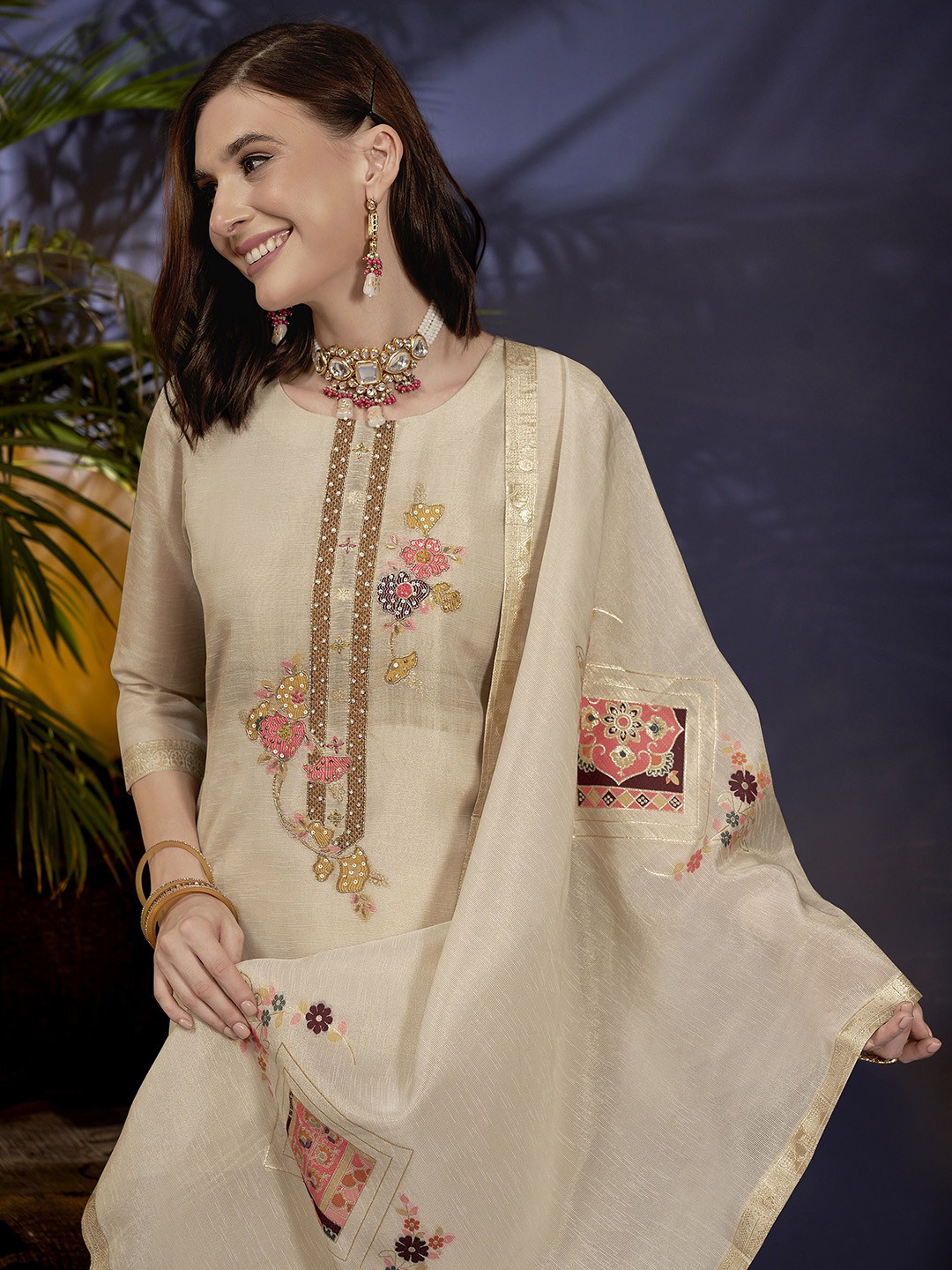 Anouk Women Ethnic Motifs Printed Regular Beads and Stones Linen Kurta with Trousers & With Dupatta