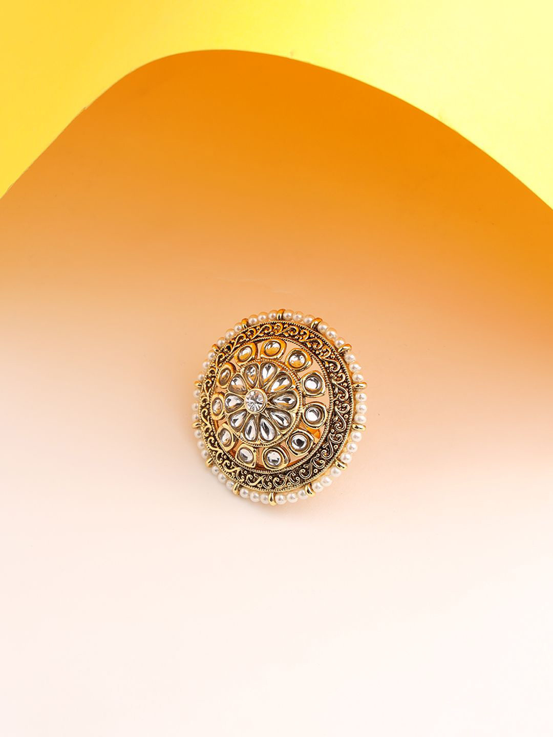 Anouk Gold-Plated Stone Studded & Beaded Floral Shape Adjustable Finger Ring