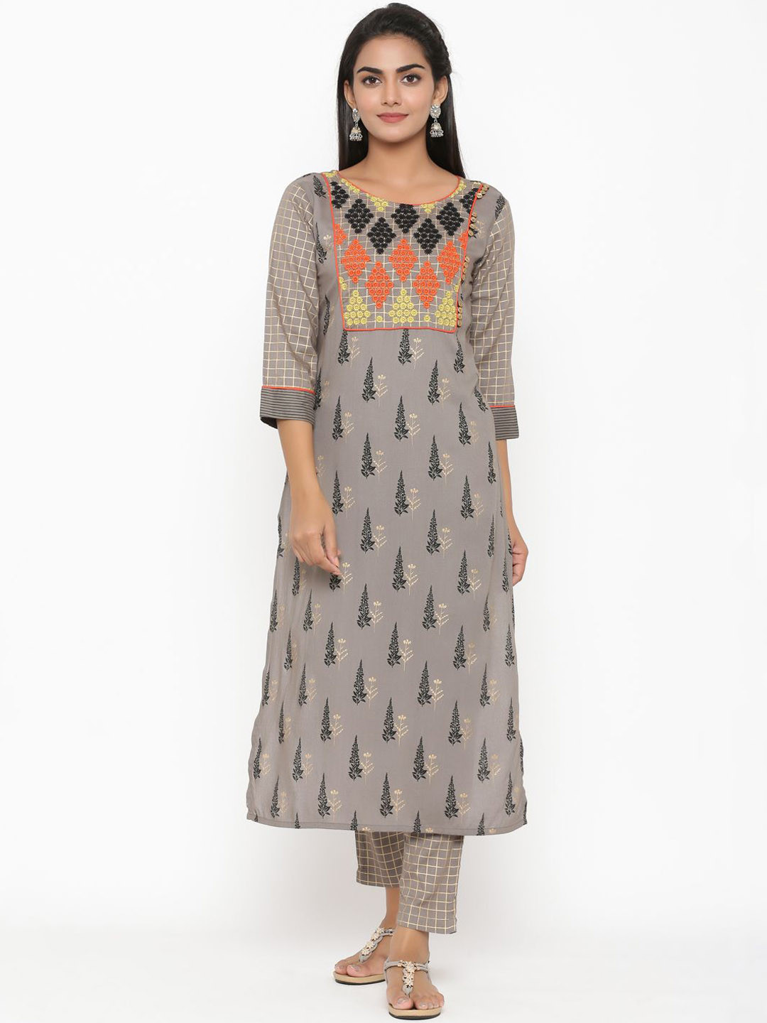 Anouk Grey Floral Printed Thread Work Straight Kurta With Trouser
