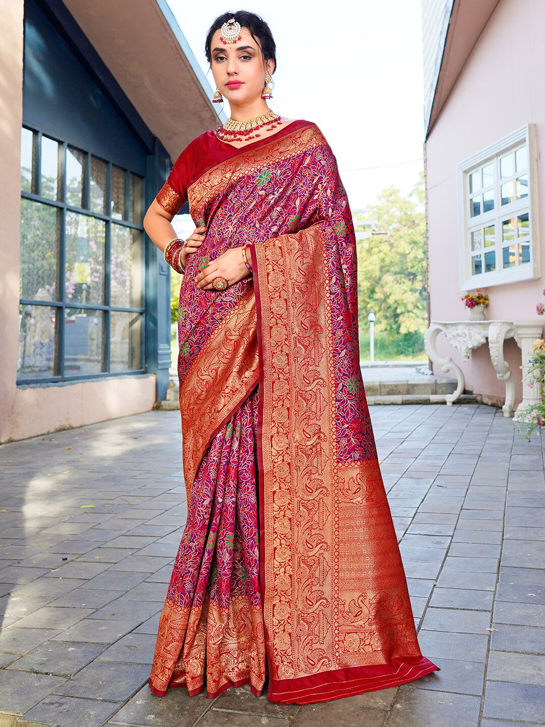 Anouk Red Woven Design Zari Kanjeevaram Saree
