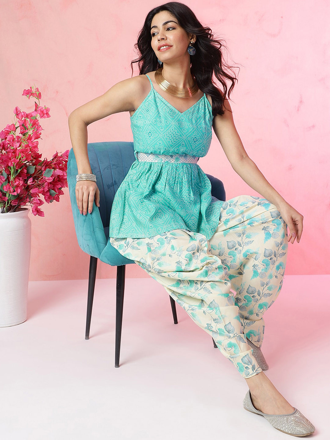 Anouk Bandhani Printed Empire Beads and Stones Chanderi Silk Kurta with Dhoti Pants