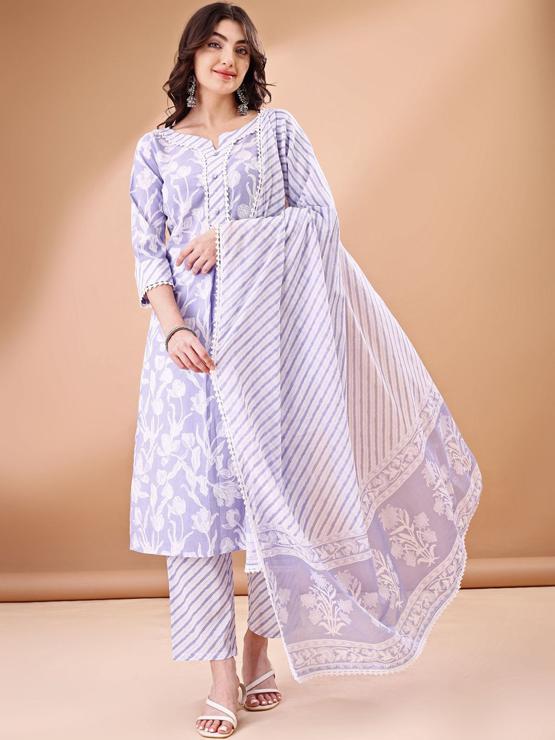 Anouk Floral Printed Round Neck Regular Pure Cotton Kurta With Trouser With Dupatta