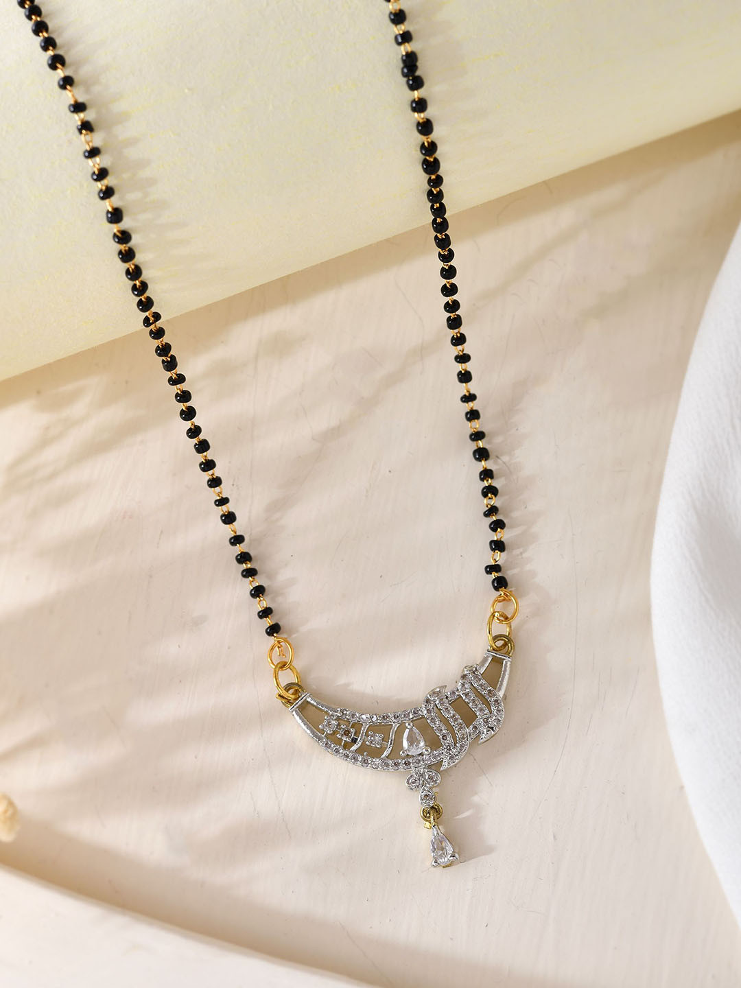 Anouk Silver-Plated Stainless Steel AD Stone And Beaded Mangalsutra
