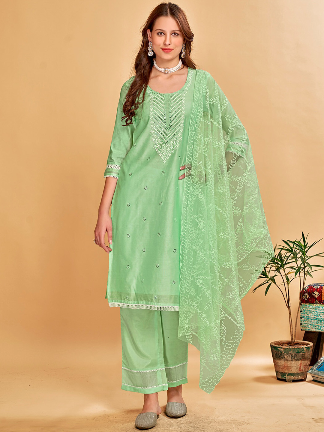 Anouk Regular Sequinned Chanderi Cotton Kurta with Palazzos & Dupatta