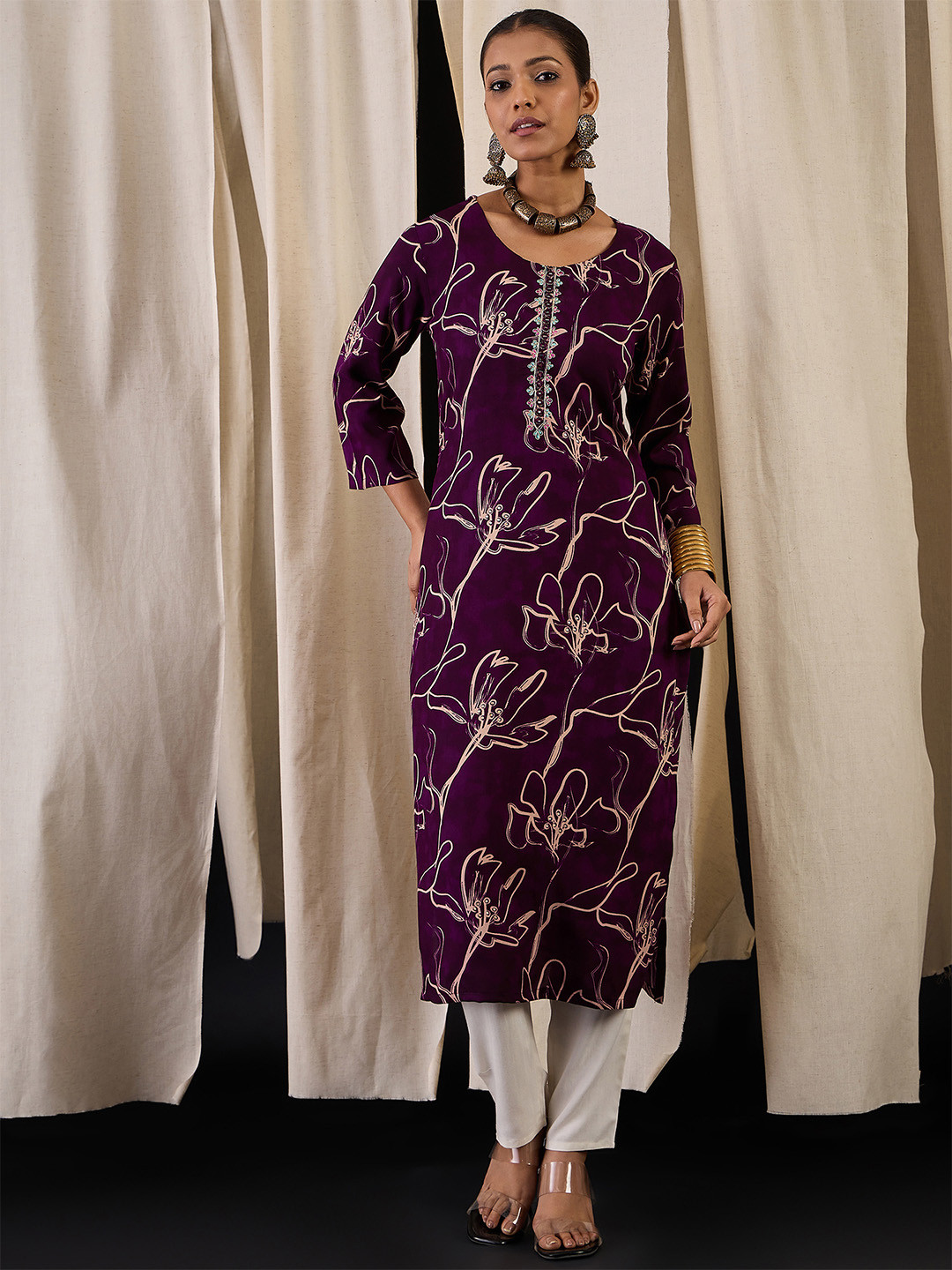 Anouk Floral Printed Mirror Work Round Neck Straight Kurta