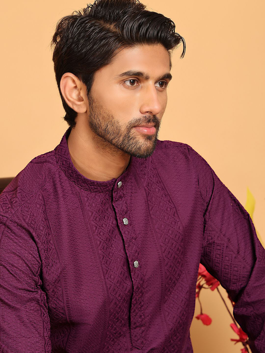 Anouk Purple Men Geometric Chikankari Band Collar Straight Pure Cotton Kurta