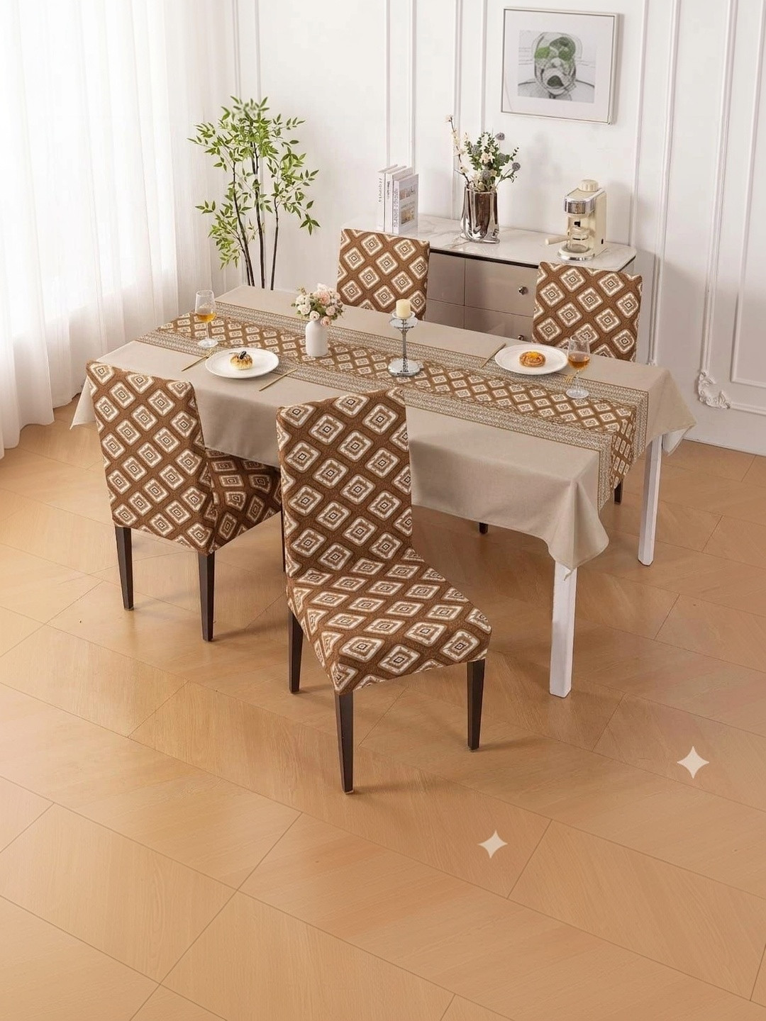 DFH Brown & Beige Printed 5-Pcs Chair Covers With Table Cover