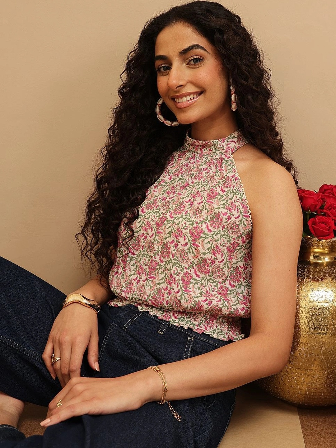 QUIERO BLUES Floral Print Crepe Crop Top