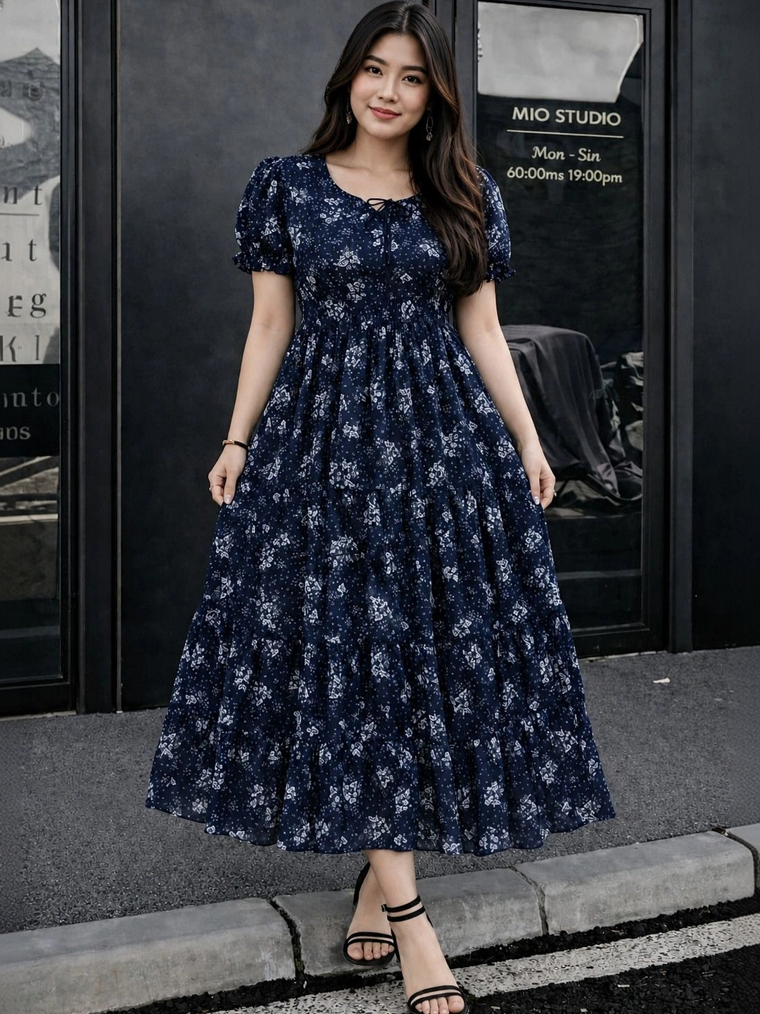 2013 USK COLLECTION Floral Print Puff Sleeve Georgette A-Line Maxi Dress