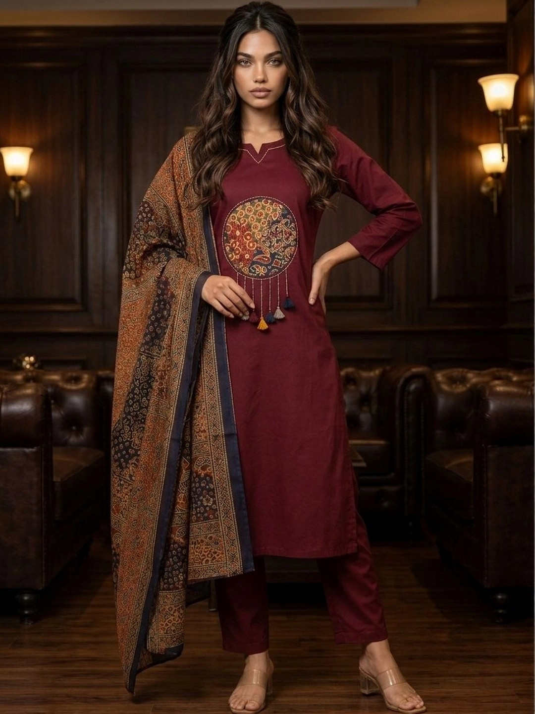 Anouk Women Ethnic Motifs Embroidered Regular Thread Work Pure Cotton Kurta with Trousers & With Dupatta