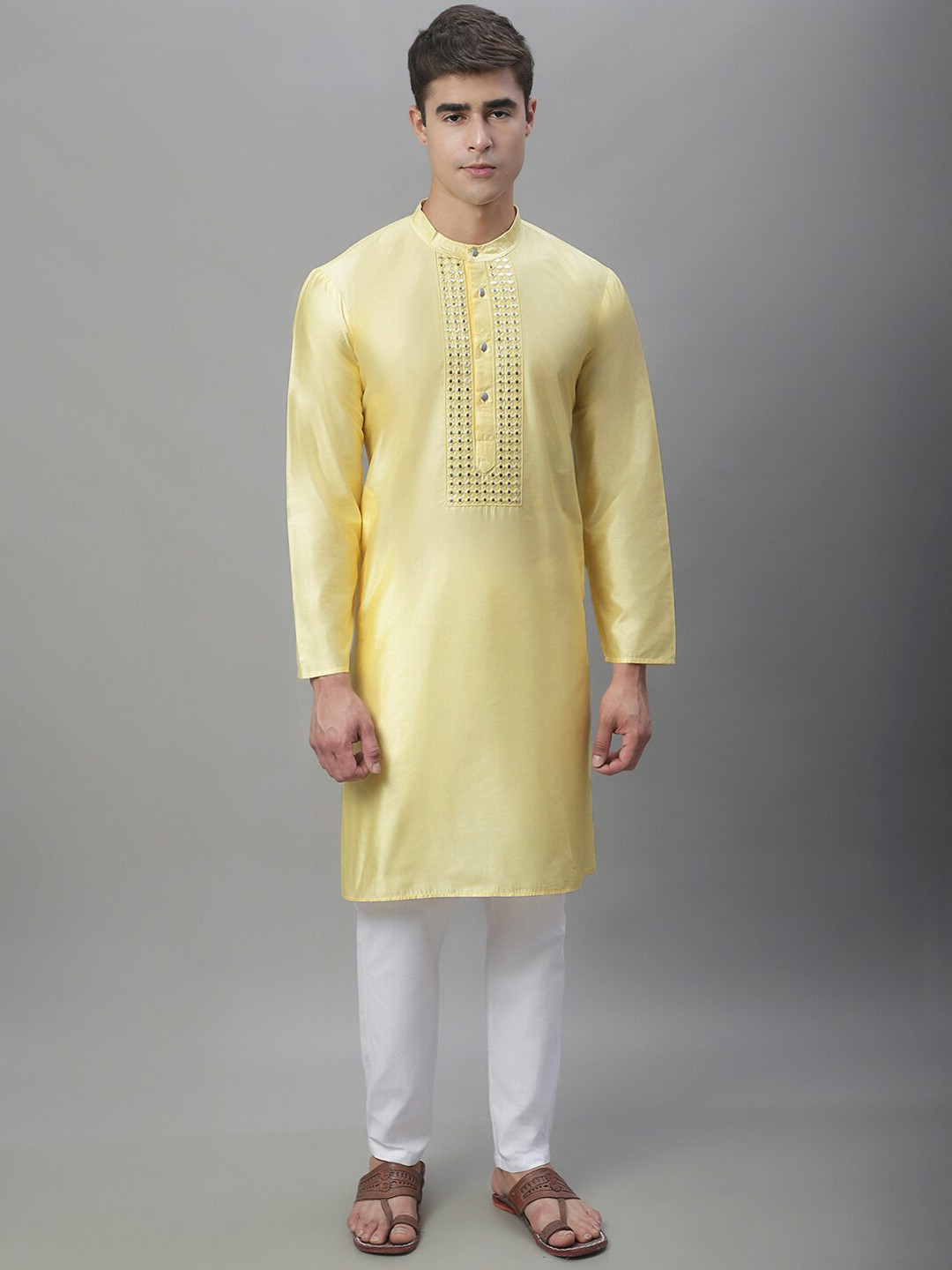 Anouk Yellow Band Collar Mirror Work Kurta