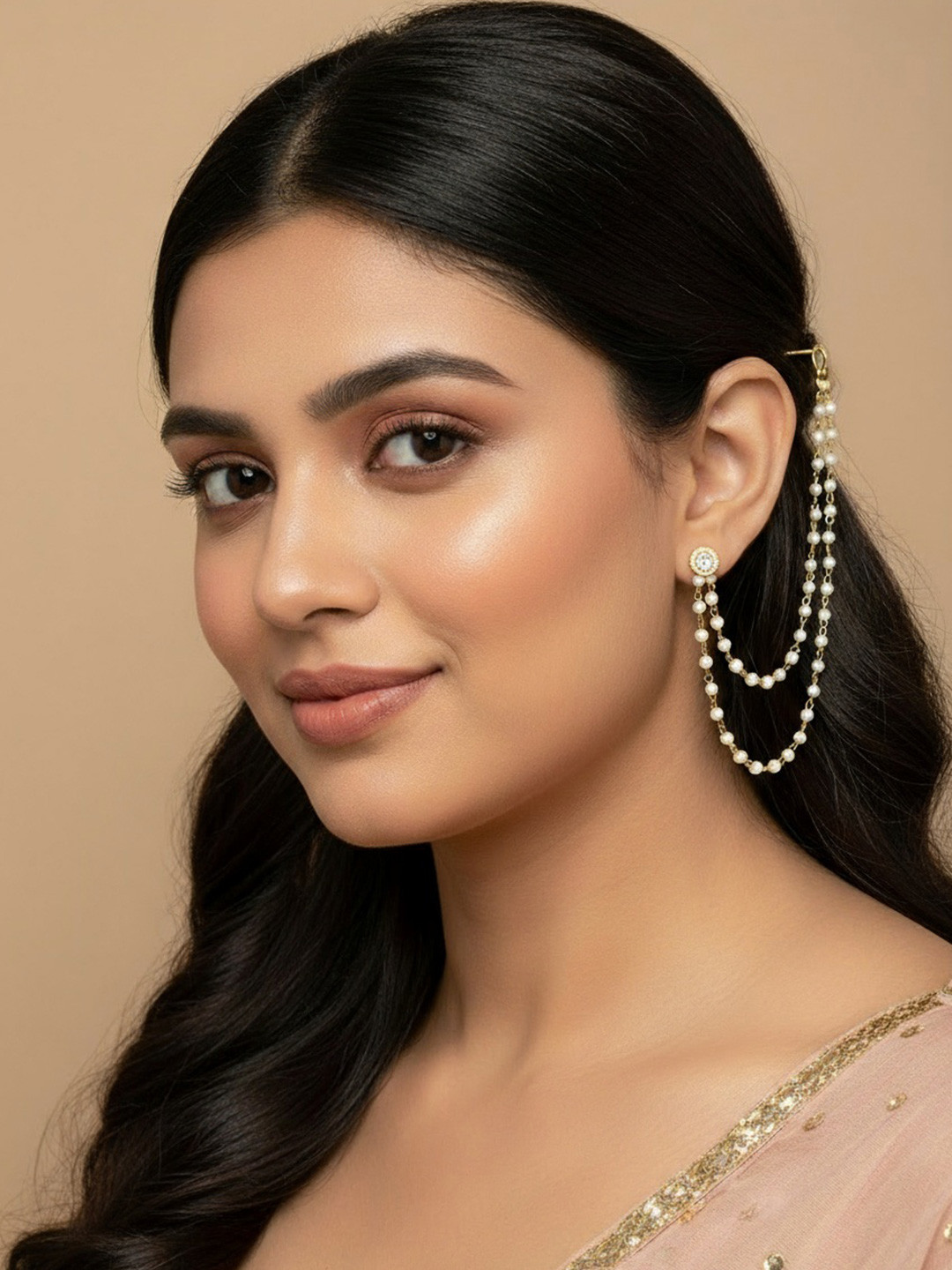 Anouk Pearl Studded Classic Gold-Plated 2 Line Ear Chain Ear Cuff