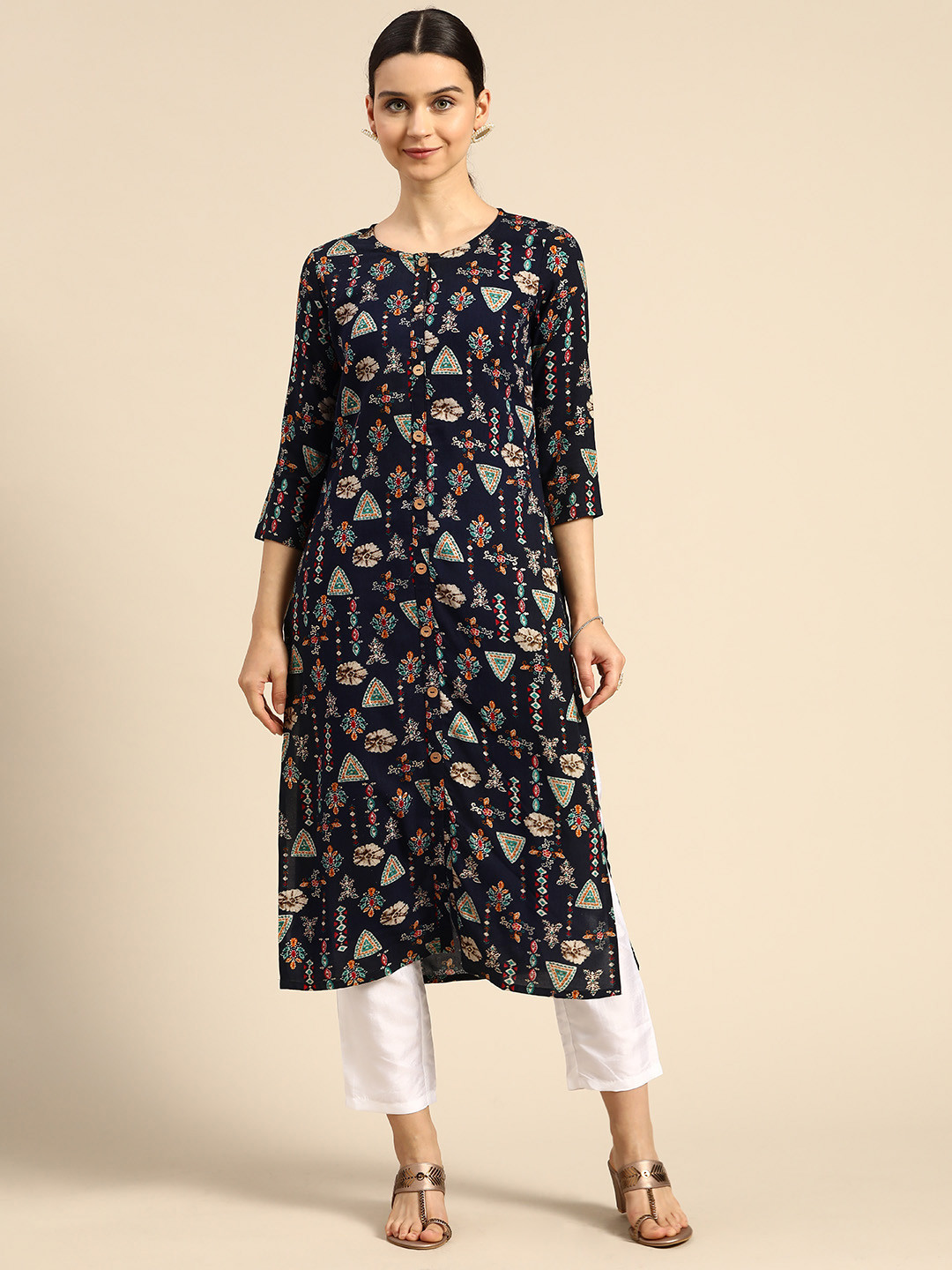 Anouk Women Navy Blue & Green Ethnic Motifs Printed Kurta