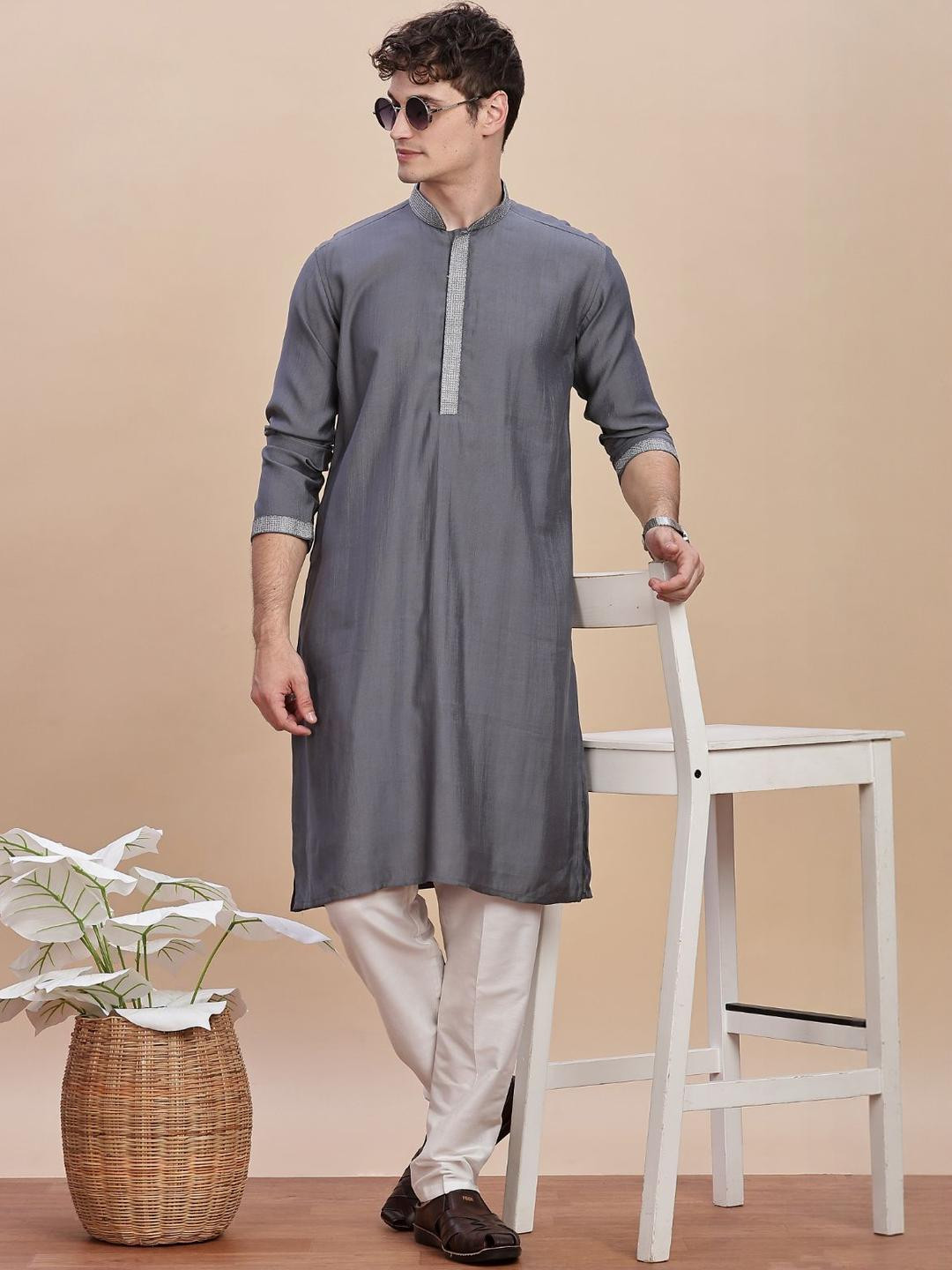 Anouk Men Button Patti Embroidery Straight Kurta