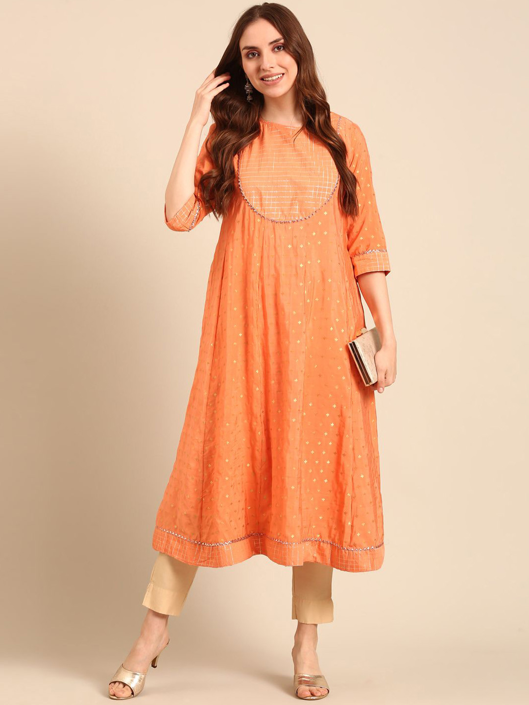 Anouk Peach Floral Woven Design Zari Pure Cotton Kurta