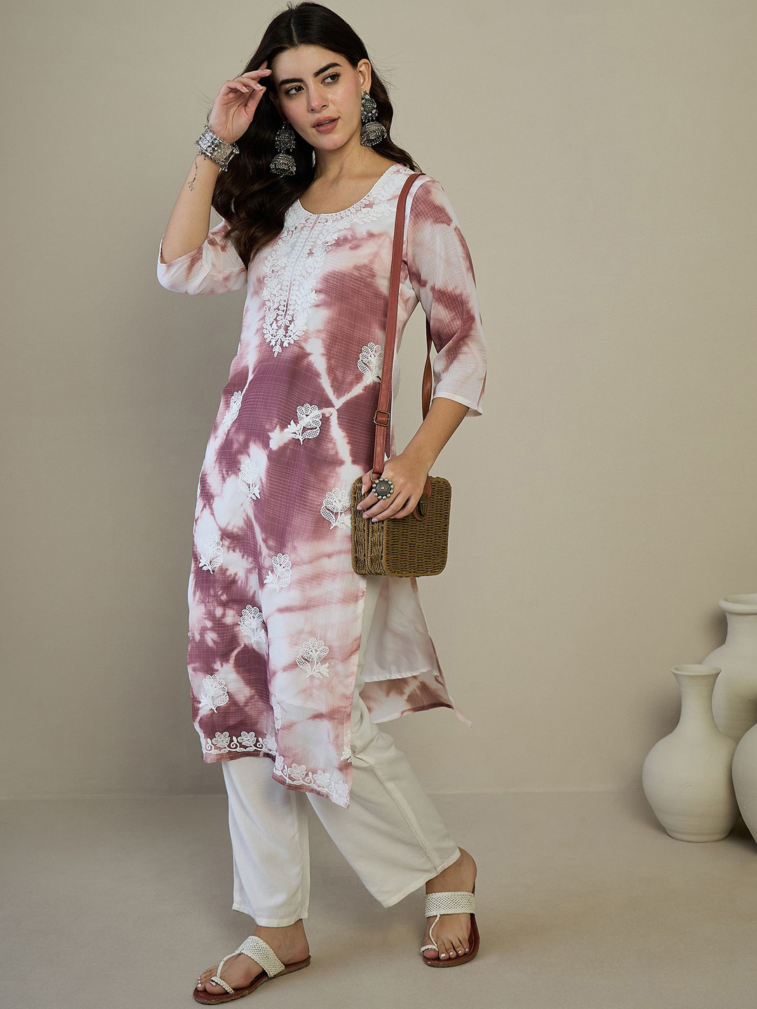 Anouk White & Purple Floral Embroidered Round Neck Straight Kurta