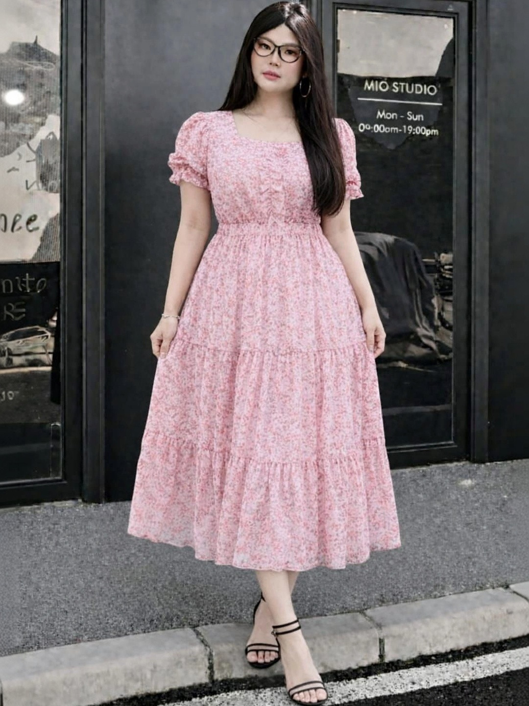 2013 USK COLLECTION Floral Print Puff Sleeve Georgette A-Line Midi Dress
