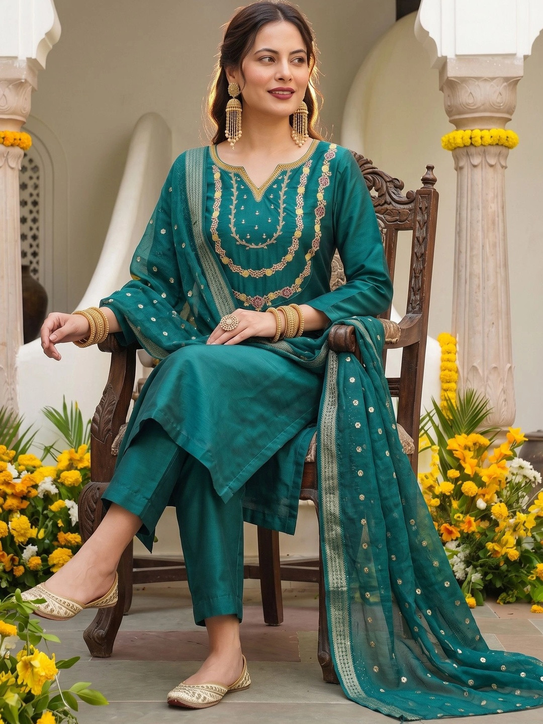 HERE&NOW Women Ethnic Motifs Regular Kurta with Trousers & With Dupatta