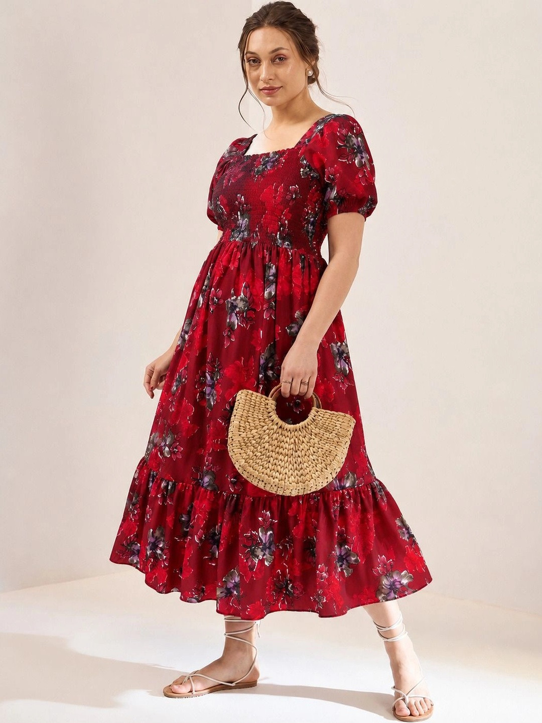 PTVIZE Floral Print Puff Sleeve A-Line Midi Dress