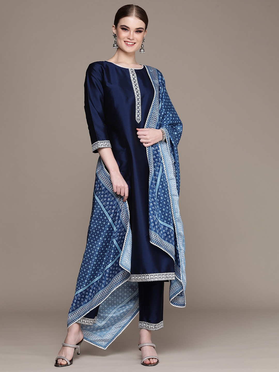 Anouk Women Navy Blue Embroidered Regular Sequinned Kurta with Trousers & With Dupatta